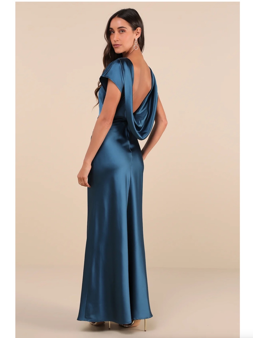 Lulus Captivating Presence Dark Teal Blue Satin Cowl-Back Maxi Dress  XL Event